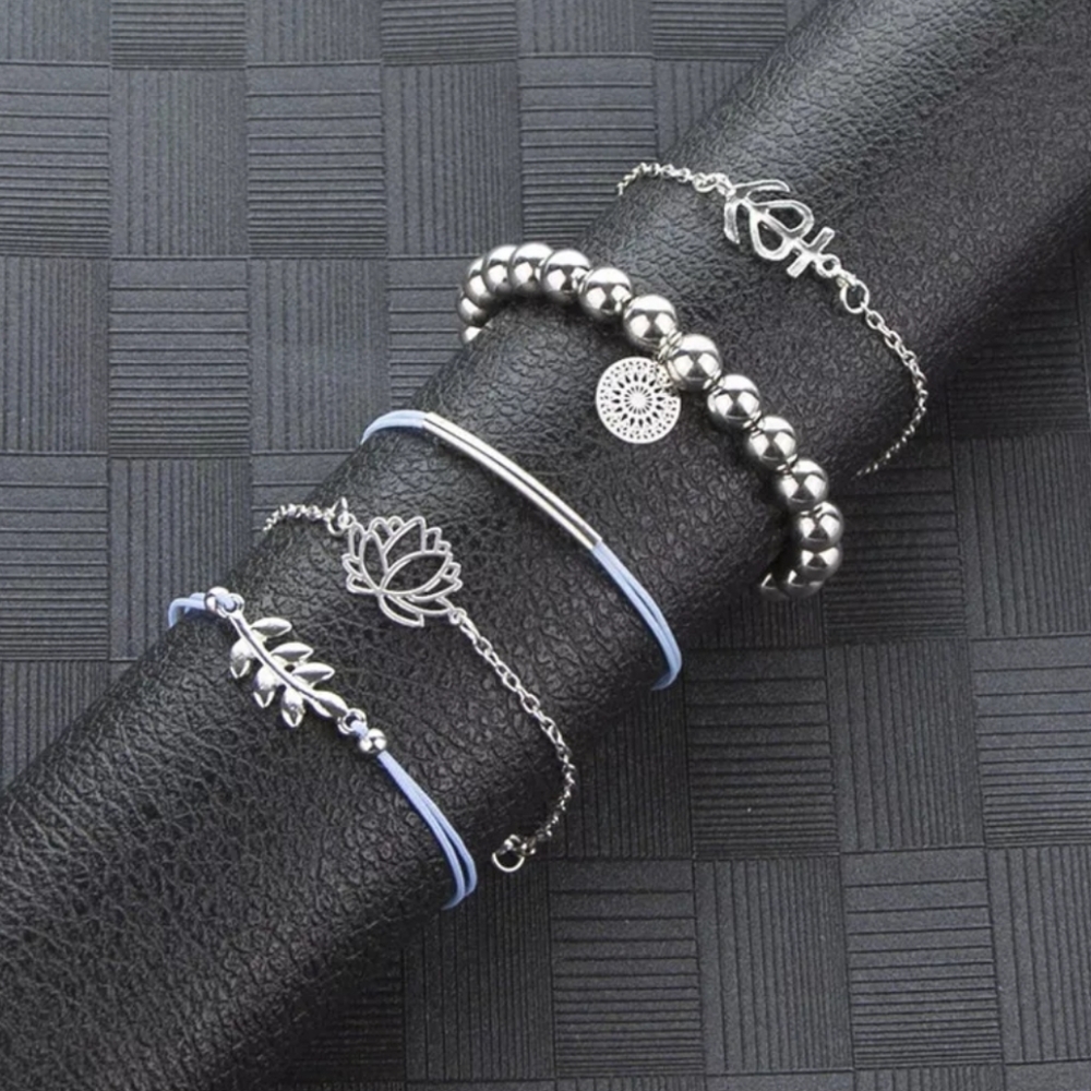 5 Piece Bracelet Anklet Set Lotus Flower Leaf Boho - Picture 2 of 4
